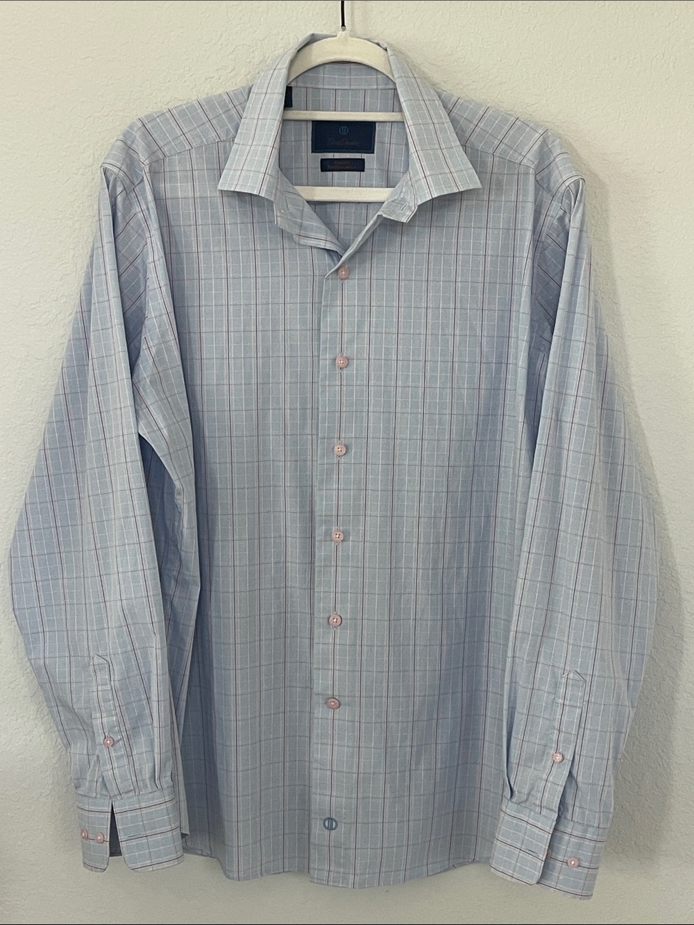 David‎ Donahue Men’s Large 16.5 Stretch Dress Shirt Blue Pink Plaid Button Front